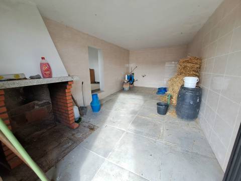 Terreno com arvores de fruto e uma construção, em Miranda do Douro.