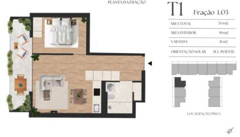 T1 c/ varanda de 11 m2 em construção | Vila Nova de Gaia