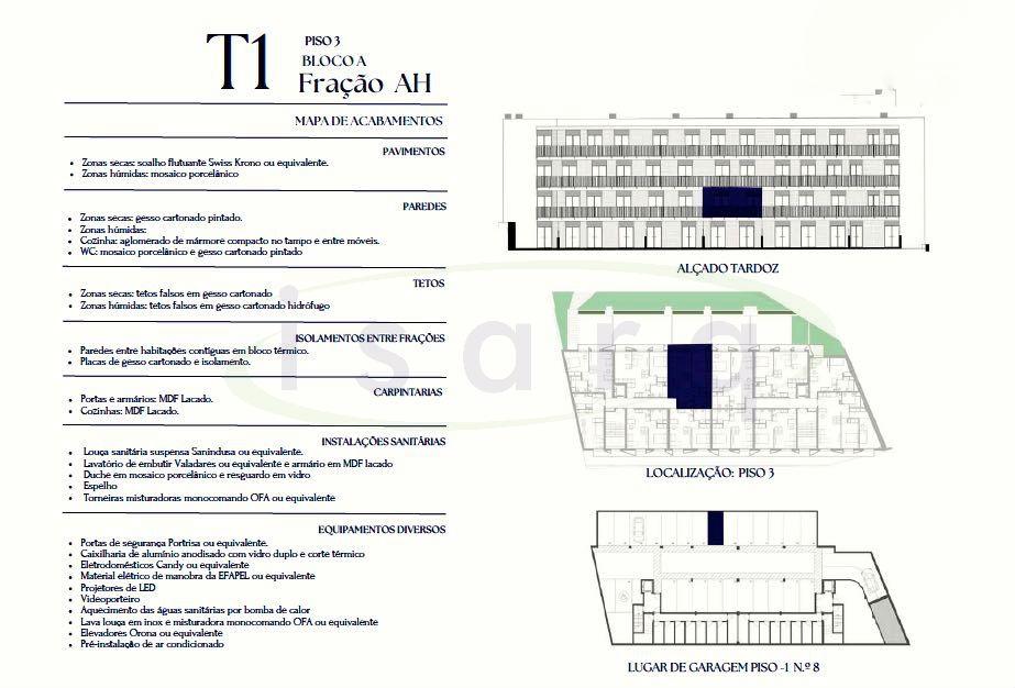Apartamento T1 com varanda e lugar de garagem em edifício com jardim.