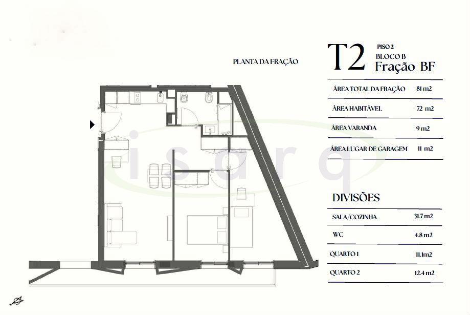 Apartamento T2 com varanda e lugar de garagem em edifício com jardim.