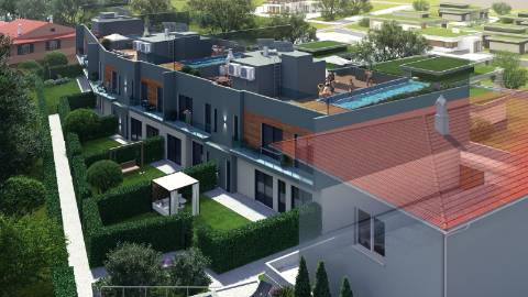 Apartamento T2 moderno com jardim privativo, sol e piscina.